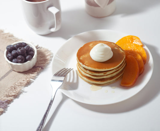 Protein Pancakes with Ghee-Sautéed Peaches